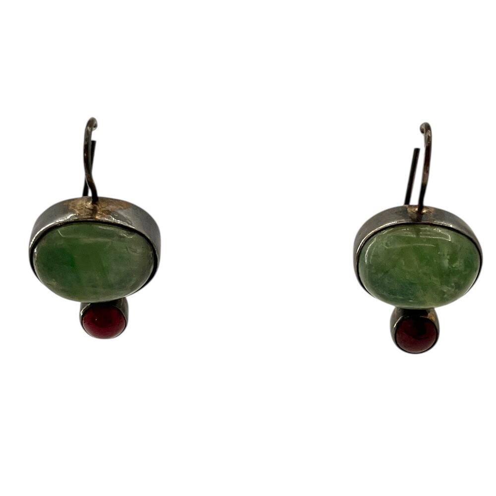 Vintage Jane Diaz 925 Sterling Silver Dangle Womens Earrings Green Red Stone